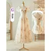 Modest / Simple Champagne Printing Bridesmaid Dresses 2023 A-Line / Princess Short Sleeve Backless Tea-length Bridesmaid Wedding Party Dresses