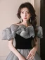 Élégant Gris Robe De Bal 2024 Princesse Volants De l'épaule Manches Courtes Dos Nu Train De Balayage Promo Robe De Ceremonie