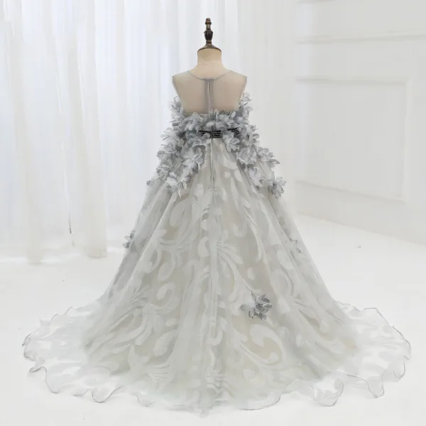 Fashion Grey Appliques Prom Flower Girl Dresses 2022 A-Line / Princess Scoop Neck Sleeveless Bow Sash Sweep Train Flower Girl Dresses