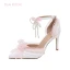 Schön Charmant Weiß Brautschuhe 2023 Knöchelriemen Perle Schleife 9 cm Stilettos Spitzschuh Hochzeit Sandaletten Hochhackige