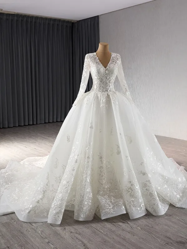 Elegant High-end White Lace Flower Wedding Dresses 2024 Ball Gown V-Neck Long Sleeve