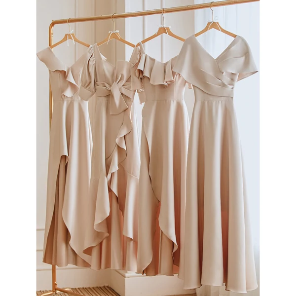 bridesmaid dresses tan Sheath Jersey Off Shoulder Bridesmaid Dresses,Short Sleeves Bridesmaid –  Hoprom main image 1