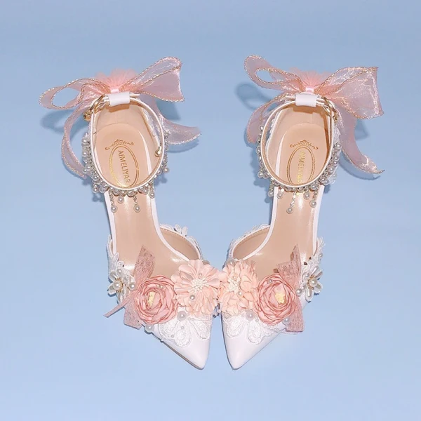 Schön Weiß Applikationen Schleife Brautschuhe 2023 Perle Strass Knöchelriemen 9 cm Stilettos Spitzschuh Hochzeit Sandaletten Hochhackige