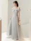 Fashion Grey Rhinestone Evening Dresses  2022 A-Line / Princess Spaghetti Straps Bow Short Sleeve Backless Floor-Length / Long Evening Party Formal Dresses