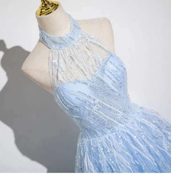 Bling Bling Himmelblau Perlenstickerei Pailletten Ballkleider 2025 A Linie Neckholder Ärmellos Rückenfreies Lange Ball Festliche Kleider