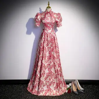 Fantaisie Bordeaux Impression Perle Robe De Soirée 2022 Princesse Satin Col Haut Gonflée Manches Courtes Dos Nu Longue Soirée Robe De Ceremonie