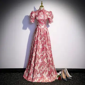 Fantaisie Bordeaux Impression Perle Robe De Soirée 2022 Princesse Satin Col Haut Gonflée Manches Courtes Dos Nu Longue Soirée Robe De Ceremonie