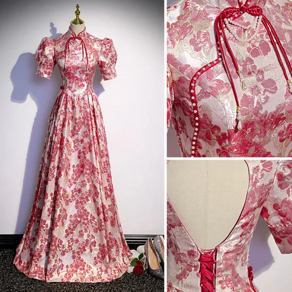 Fantaisie Bordeaux Impression Perle Robe De Soirée 2022 Princesse Satin Col Haut Gonflée Manches Courtes Dos Nu Longue Soirée Robe De Ceremonie