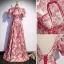 Fantaisie Bordeaux Impression Perle Robe De Soirée 2022 Princesse Satin Col Haut Gonflée Manches Courtes Dos Nu Longue Soirée Robe De Ceremonie