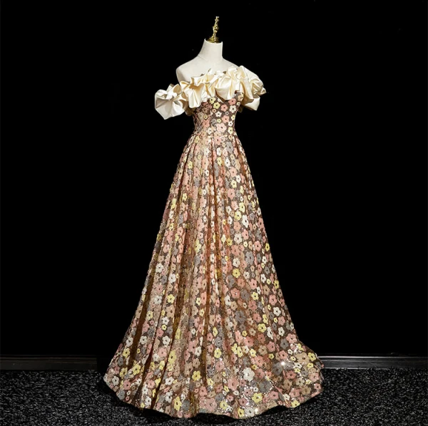 Fashion Champagne Sequins Floral Prom Dresses 2024 A-Line / Princess Ruffle Off-The-Shoulder Sleeveless Backless Floor-Length / Long Prom Formal Dresses