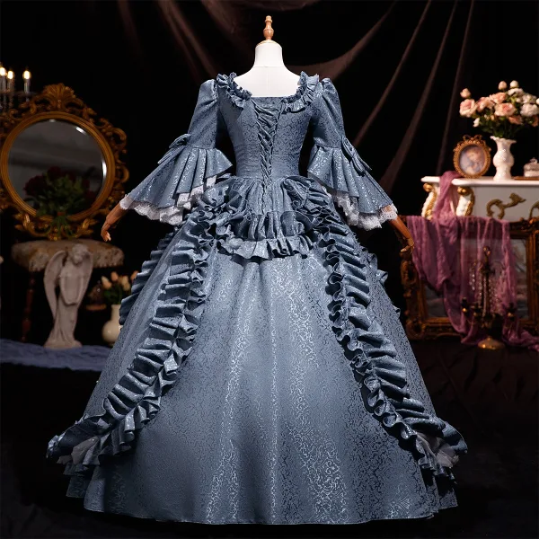 Medieval Vintage / Retro Olive Green Lace Flower Bow Prom Dresses 2025 Ball Gown Square Neckline Bell sleeves Backless Floor-Length / Long Prom Formal Dresses