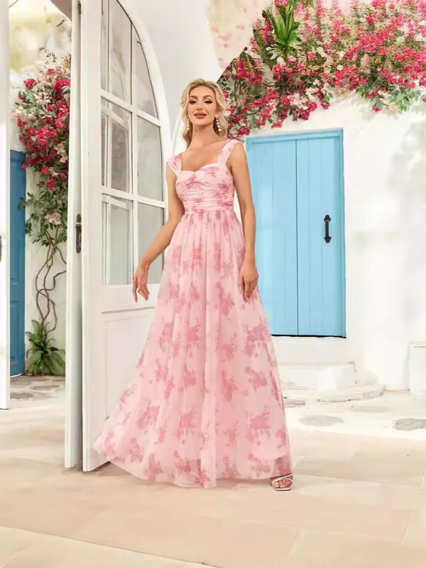 Chic / Beautiful Blushing Pink Printing Prom Dresses 2025 A-Line / Princess Spaghetti Straps Sleeveless Backless Floor-Length / Long Prom Formal Dresses
