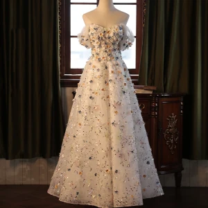 Chic Beautiful Ivory Pearl Sequins Appliques Prom Dresses 2024 A Line Princess Off The Shoulder Short Sleeve Backless Floor Length Long Prom Formal Dresses