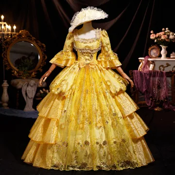 Haut De Gamme Médiévale Vintage Originale Doré Volants En Cascade Paillettes En Dentelle Fleur Robe De Bal 2025 Robe Boule Encolure Carrée Manches De Cloche Dos Nu Longue
