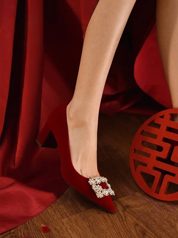 Style Chinois Rouge Faux Diamant Chaussure De Mariée 2026 5 cm Talons Épais À Bout Pointu Mariage Escarpins