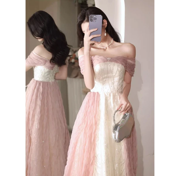 Mode Rougissant Rose Perle Paillettes Robe De Bal 2023 Princesse De l'épaule Sans Manches Dos Nu Longue Promo Robe De Ceremonie