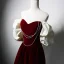 Elegant Burgundy Pearl Velvet Prom Dresses 2024 A-Line / Princess Ruffle Off-The-Shoulder Short Sleeve Backless Floor-Length / Long Prom Formal Dresses