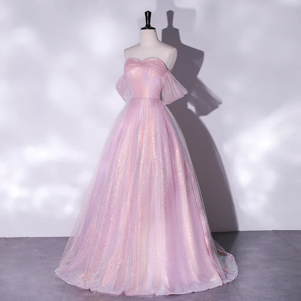 Charming Glitter Candy Pink Evening Dresses 2022 A-Line / Princess Strapless Sleeveless Backless Floor-Length / Long Evening Party Formal Dresses