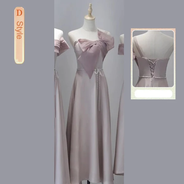 Modest / Simple Blushing Pink Satin Bridesmaid Dresses 2023 A-Line / Princess Off-The-Shoulder Sleeveless Backless Pearl Bow Sash Tea-length Bridesmaid Dresses