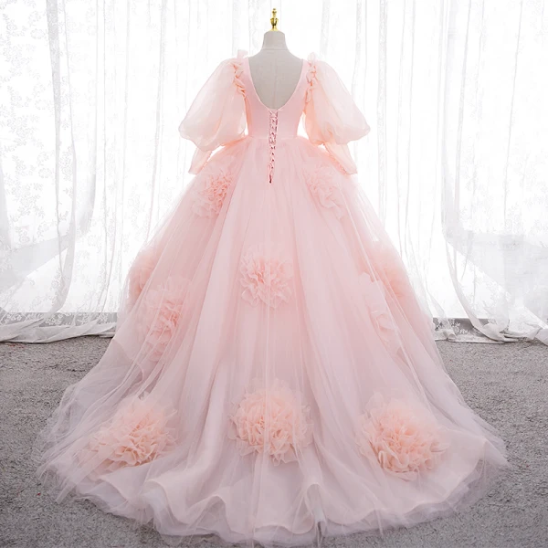Schöne Rosa Blumen Ballkleider 2022 Ballkleid Eckiger Ausschnitt Geschwollenes 1/2 Ärmel Rückenfreies Sweep / Pinsel Zug Festliche Kleider