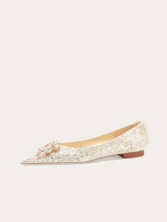 Bling Bling Oro Rhinestone Lentejuelas Planos Zapatos De Novia 2024 Punta Estrecha Boda De Tacón
