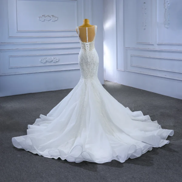 Glitzernden High End Perlenstickerei Strass Pailletten Weiß Brautkleider / Hochzeitskleider 2023 Meerjungfrau Eckiger Ausschnitt Ärmellos Rückenfreies Kapelle-Schleppe Hochzeit