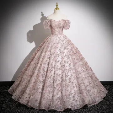 Bling Bling Blushing Pink Sequins Ball Gown Prom Dresses 2024 Off The Shoulder Short Sleeve Backless Floor Length Long Prom Formal Dresses