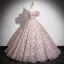 Bling Bling Rougissant Rose Paillettes Robe Boule Robe De Bal 2024 De l'épaule Manches Courtes Dos Nu Longue Promo Robe De Ceremonie