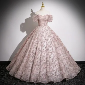 Bling Bling Rosa Clara Lentejuelas Ball Gown Vestidos De Gala 2024 Fuera Del Hombro Manga Corta Sin Espalda Largos Gala Vestidos Formales