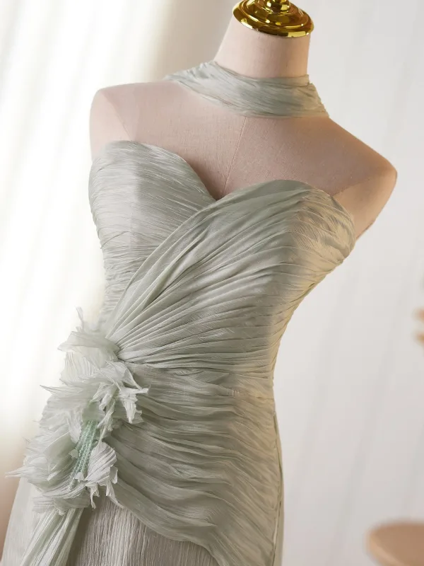 Sexy Vert Cendré Volants Fendue devant Robe De Bal 2026 Trompette / Sirène Bustier Sans Manches Dos Nu Train De Balayage Robe De Ceremonie