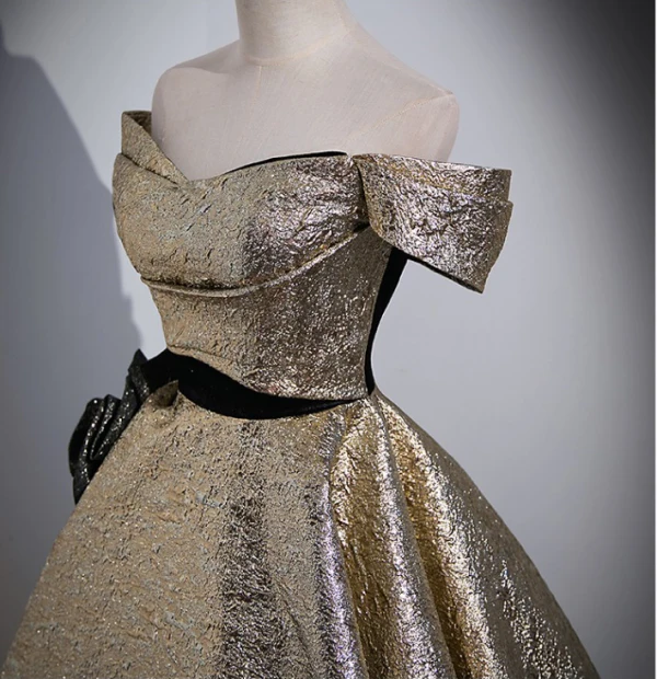 Unusual Gold Glitter Prom Dresses 2023 Ball Gown Off-The-Shoulder Short Sleeve Backless Floor-Length / Long Prom Formal Dresses