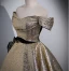 Unusual Gold Glitter Prom Dresses 2023 Ball Gown Off-The-Shoulder Short Sleeve Backless Floor-Length / Long Prom Formal Dresses