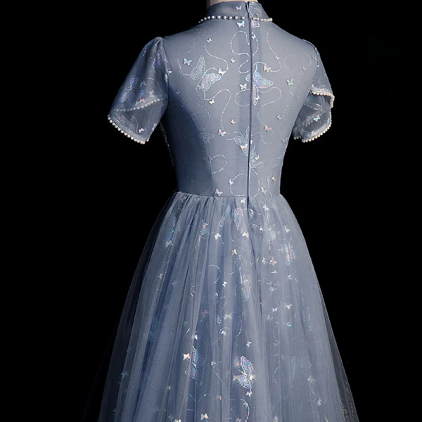Fashion Sky Blue Beading Pearl Sequins Butterfly Appliques Prom Dresses 2023 A-Line / Princess High Neck Short Sleeve Backless Floor-Length / Long Prom Formal Dresses