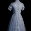 Fashion Sky Blue Beading Pearl Sequins Butterfly Appliques Prom Dresses 2023 A-Line / Princess High Neck Short Sleeve Backless Floor-Length / Long Prom Formal Dresses