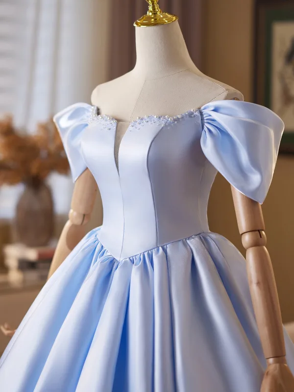 Fashion Sky Blue Pearl Short Homecoming Graduation Dresses 2025 A-Line / Princess Off-The-Shoulder Short Sleeve Backless Formal Dresses