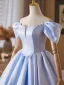 Fashion Sky Blue Pearl Short Homecoming Graduation Dresses 2025 A-Line / Princess Off-The-Shoulder Short Sleeve Backless Formal Dresses
