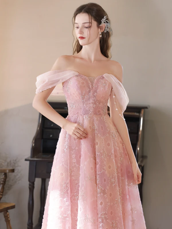 Charmant Rougissant Rose Perlage En Dentelle Fleur Robe De Bal 2024 Princesse De l'épaule Sans Manches Dos Nu Longue Promo Robe De Ceremonie