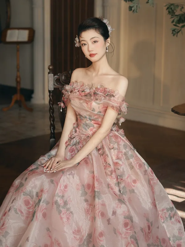 Flower Fairy Blushing Pink Appliques Printing A-Line / Princess Prom Dresses 2025 Off-The-Shoulder Sleeveless Backless Floor-Length / Long Prom Formal Dresses
