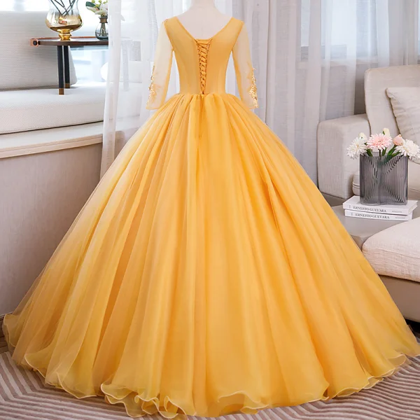 Elegant Yellow Beading Lace Flower Appliques Prom Dresses 2023 Ball Gown V-Neck 3/4 Sleeve Backless Floor-Length / Long Prom Formal Dresses