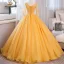 Elegant Yellow Beading Lace Flower Appliques Prom Dresses 2023 Ball Gown V-Neck 3/4 Sleeve Backless Floor-Length / Long Prom Formal Dresses