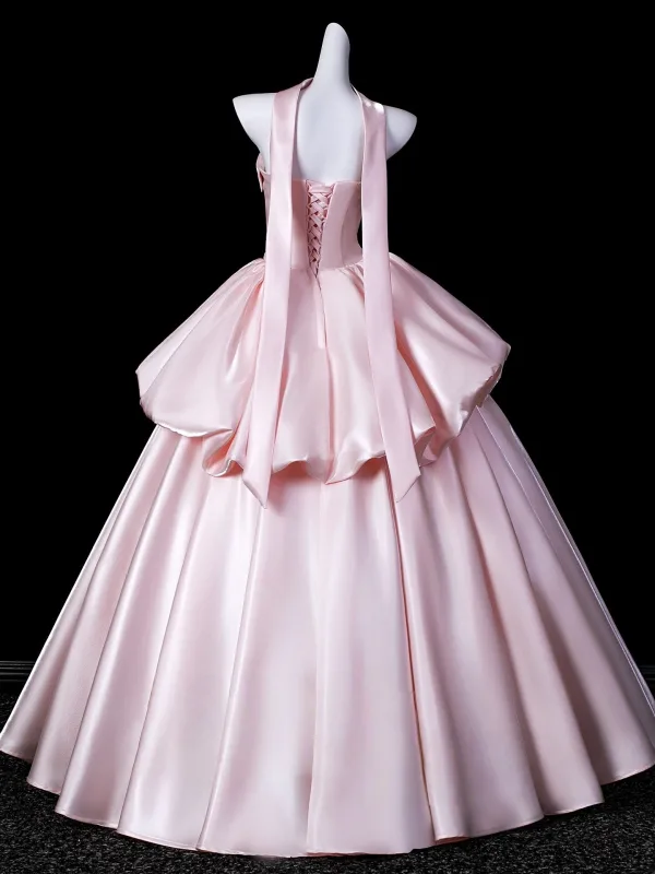 Härlig Rodnande Rosa Cascading Volanger Satin Balklänningar 2026 Balklänning Axelbandslös Ärmlös Halterneck