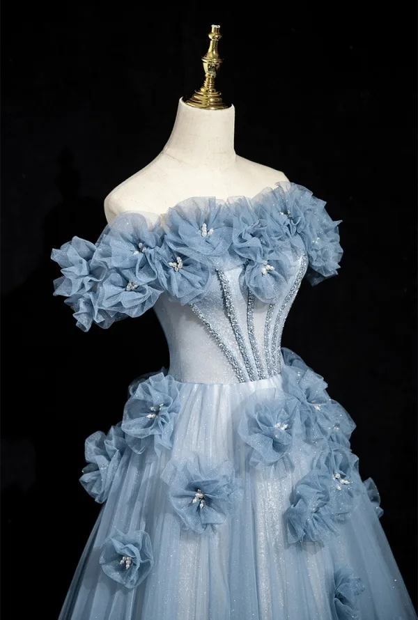 Chic / Beautiful Sky Blue Appliques Rhinestone Prom Dresses 2025 A-Line / Princess Off-The-Shoulder Short Sleeve Backless Floor-Length / Long Prom Formal Dresses