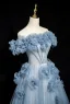 Chic / Beautiful Sky Blue Appliques Rhinestone Prom Dresses 2025 A-Line / Princess Off-The-Shoulder Short Sleeve Backless Floor-Length / Long Prom Formal Dresses