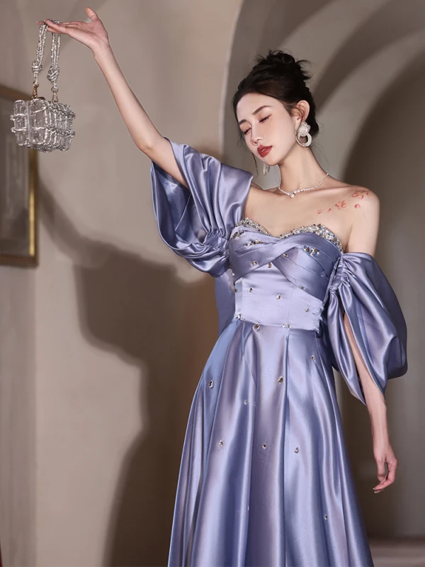 Illusion Lavender Sequins Rhinestone Satin Prom Dresses 2024 A-Line / Princess Off-The-Shoulder Short Sleeve Backless Bow Floor-Length / Long Prom Formal Dresses