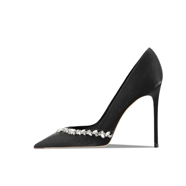 Fine Svart Aften Rhinestone Pumps 2024 Lær 10 cm Stiletthæler Spisse Pumps Høyhælte