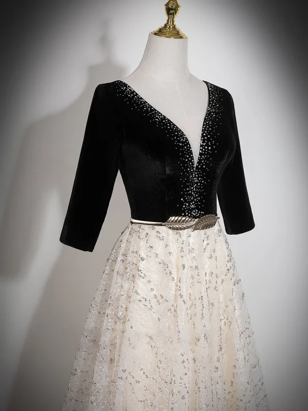 Exquisite Black Rhinestone Prom Dresses 2026 A-Line / Princess V-Neck 3/4 Sleeve Backless