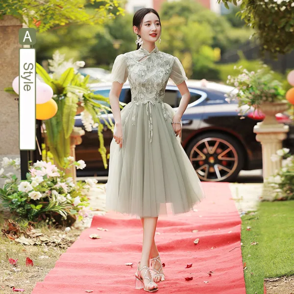 Chic / Beautiful Sage Green Lace Flower Bridesmaid Dresses 2022 A-Line / Princess Short Sleeve Backless Tea-length Bridesmaid Dresses
