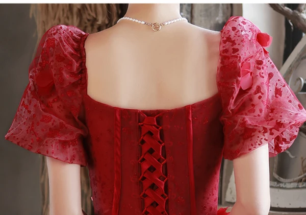 Chic / Beautiful Burgundy Homecoming Appliques Graduation Dresses 2024 A-Line / Princess Square Neckline Short Sleeve Backless Tea-length Formal Dresses