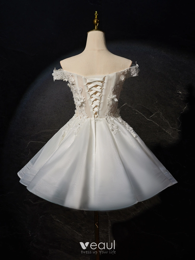 Charming White Pearl Rhinestone Lace Flower Appliques Short / Mini ...