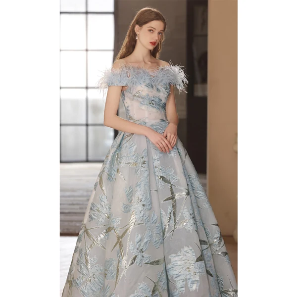 Chic / Beautiful Sky Blue Pearl Prom Dresses 2023 A-Line / Princess Off-The-Shoulder Tassel Sleeveless Backless Floor-Length / Long Prom Formal Dresses